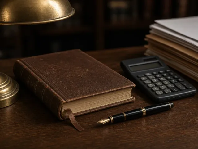 A leather-bound book, a calculator and a fountain pen on a dark wooden desk beside a brass lamp.