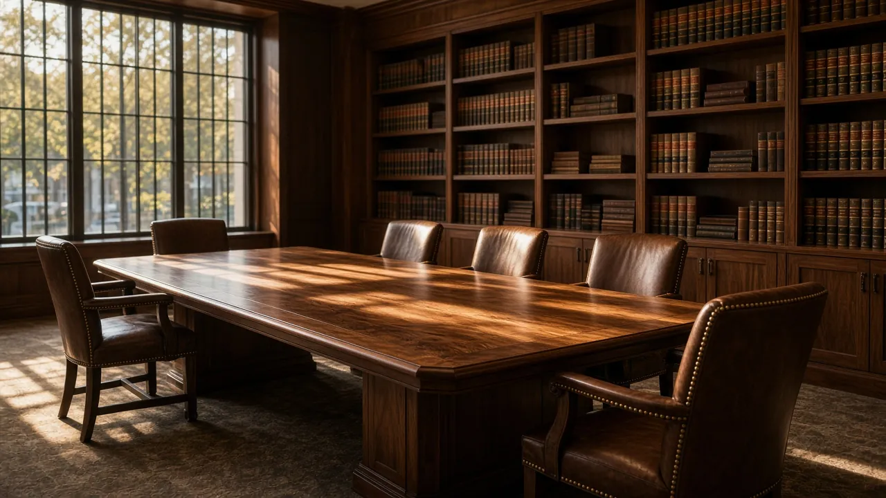 A quiet conference room with a long wooden table, leather chairs and shelves of bound records in late-afternoon light.