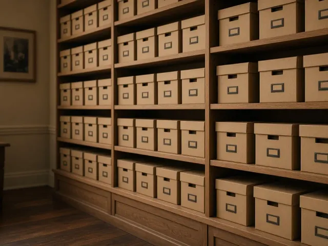Rows of labelled archive boxes on wooden shelves in a quiet room.